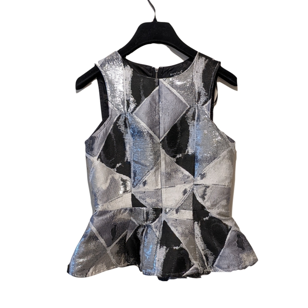 Beulah Style Silver/Black Geometric Peplum Sleeveless Top